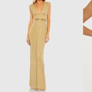 Mac DuggalBeaded Cap Sleeve V Neck Column Gown